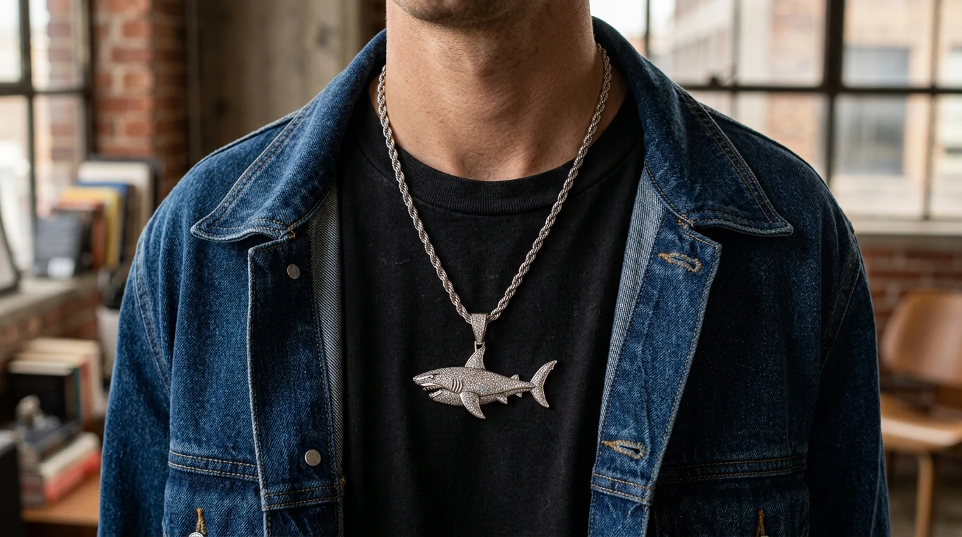 Moissanite Shark Pendant Necklace in 925 Silver for Men